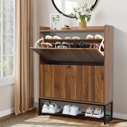 RARZOE Fluted Shoe Cabinet for Entryway with 2 Flip Drawers, Narrow Wood Shoe Cabinet with Fluted Panel, Slim Hidden Shoe Organizer Closed Shoe Rack with Metal Legs for Foyer,Hallway(31.5''Walnut)