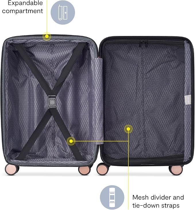DELSEY PARIS Alexis Durable Luggage Set, Expandable & Lightweight 4-Wheel Spinners, Easy Grip handles for Smooth Journeys, TSA-Lock Incorporated, Men and Women, Black/Rose Gold, 2-Piece Set (21"/25")