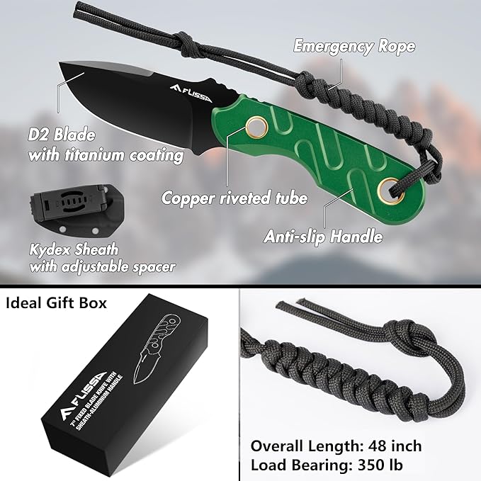 FLISSA Fixed Blade Knife, 7 Inch Full Tang Hunting Knife with Kydex Sheath and Emergency Rope for Tactical, Survival, Camping, Hiking(Green)