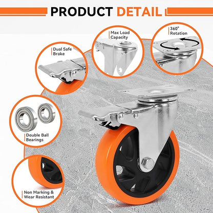 W B D WEIBIDA 5 Inch Swivel Caster Wheels of 4, Heavy Duty Top Plate Casters with Brake, 360 Degree Industrial Casters Polyurethane Wheels for Cart, Furniture, Equipment