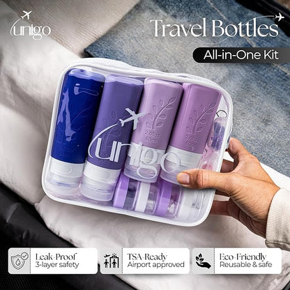 unigo 30 pack Full Set TSA Approved Travel Bottles, Travel Size Containers for Toiletries, Refillable Leakproof Shampoo and Conditioner Bottles, Toiletry Containers,Extra Bottle Sleeves (Purple)