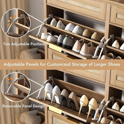 Large Rattan Shoe Storage Cabinet with 4 Flip Drawers & 2 Storages–Hidden Slim Shoe Organizer for Entryway, Large Tabletop Space, Farmhouse Boho Narrow Shoe Rack, Rustic Oak