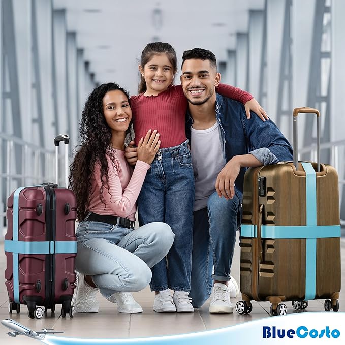 Luggage Straps for Suitcases - TSA Approved - Blue, 4 PK - Premium Nylon Belts for Suitcase, Briefcase & Travel Bag - Adjustable Strap Length 46" - 78"