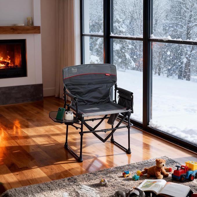 TIMBER RIDGE Heavy Duty Aluminium Heated Camping Chair with Compact Size, Portable Directors Chair Supports Up to 400lbs with Side Table and Pocket for Camping, Lawn, Sports (Power Bank not Included)