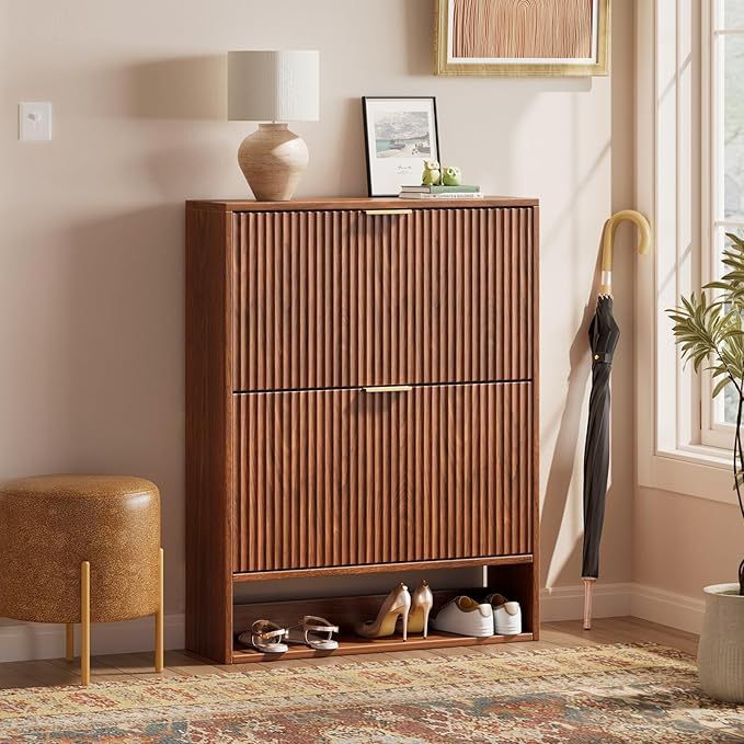 Evermagin 31.5''W Walnut Shoe Cabinet Storage for Entryway, Fluted Slim Shoe Dresser with 2 Flip Drawers, Narrow Shoe Rack Cabinet, Hidden Shoe Organizer Cabinet for Entrance, Hallway