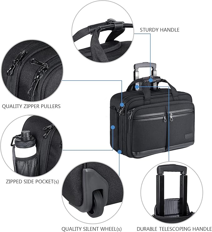 KROSER Rolling Laptop Bag Premium Rolling Briefcase Fits Up to 17.3 Inch Laptop Overnight Computer Bag with RFID Pockets for Travel/Business/Men/Women-Black