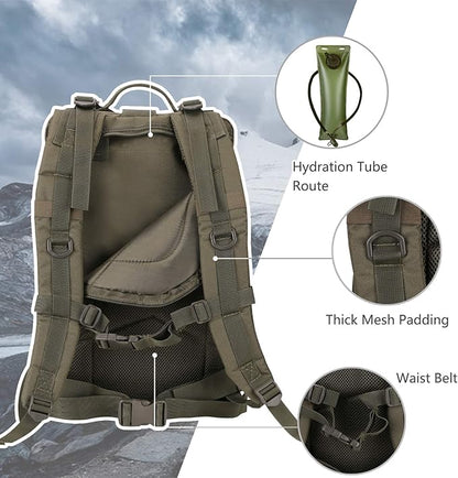 MOLLE Assault Backpack, Tactical Backpack Military Army Camping Rucksack, 3-Day Pack Trip w/USA Flag Patch, D-Rings, Olive
