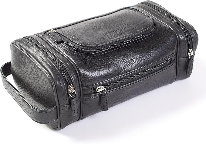 Leatherology Premium Ebony Multi Pocket Toiletry Bag - Main top zippered compartment with additional side and front zippered pockets