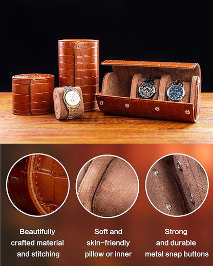 MR.OKAY 3 Watch Travel Case- Classic Leather Watch Case With Superb Texture.(Portable Watch Roll Or Organizer For Storage And Display).Festival Gift For Men, All Handcrafted By Artisans.
