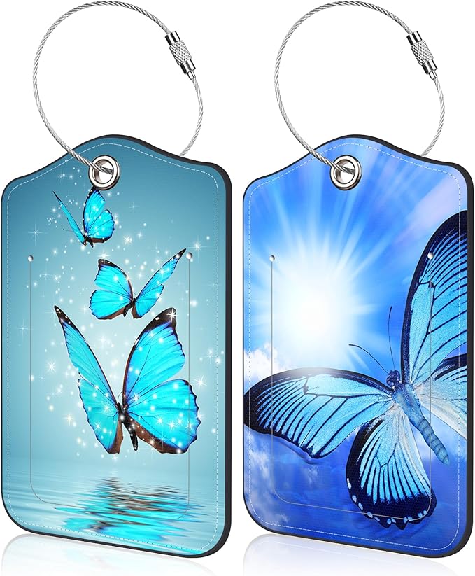 2 Pack Luggage Tags Blue Butterfly PU Leather Baggage Tag with Privacy Cover Stainless Steel Loop and Name ID Card for Men Women Travel Bag Luggage Accessories, 4.6 x 2.7 inch