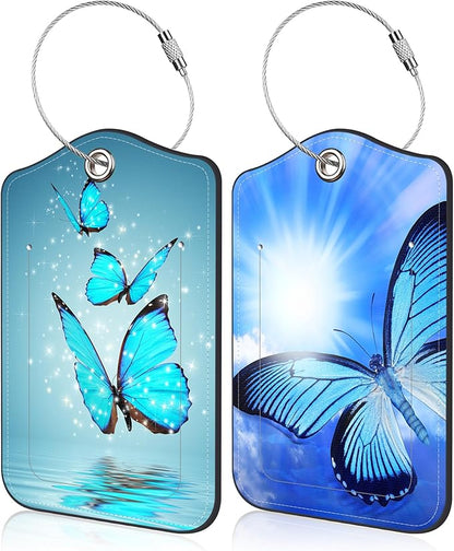 2 Pack Luggage Tags Blue Butterfly PU Leather Baggage Tag with Privacy Cover Stainless Steel Loop and Name ID Card for Men Women Travel Bag Luggage Accessories, 4.6 x 2.7 inch