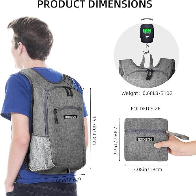Small Hiking Backpack with Detachable Front Phone Holder, Foldable Packable Back pack with Chest and Waist Strap, Lightweight Daypack for Women Men (Gray, 15L)