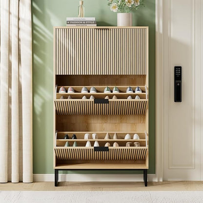 Shoe Cabinet Storage with 3 Flip Drawers, Shoe Organizer Cabinet for Entryway Slim, Modern Freestanding Hidden Shoe Rack Organizer Shoe Cupboard for Hallway, Natural Wood