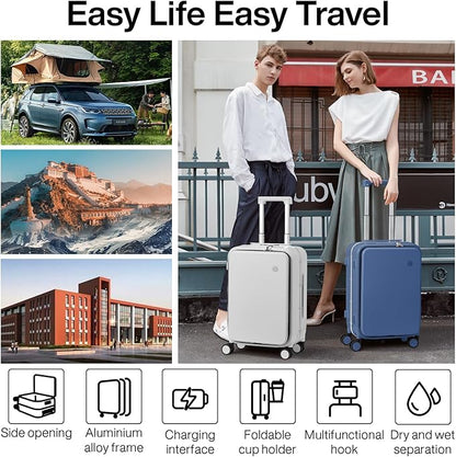mixi Carry On Luggage with Cup Phone Holder and Charger Hard Shell Suitcases with Spinner Wheels,20 Inch Sapphire Blue