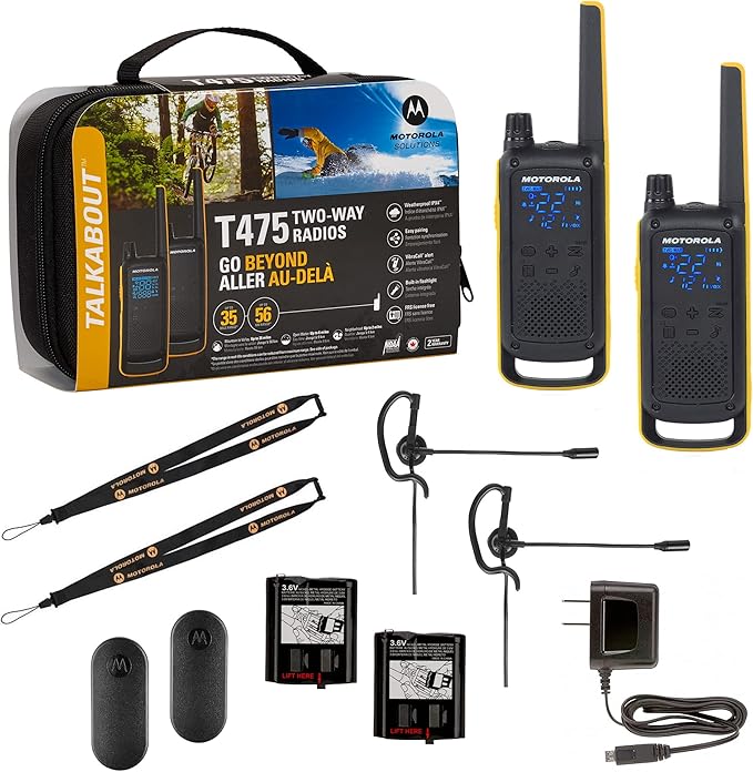 Motorola T470 Talkabout Two Way Radios, Long Range Emergency Rechargeable Waterproof Walkie Talkies 22 Channel, 35 Mile outdoor Black Yellow, 2 Pack