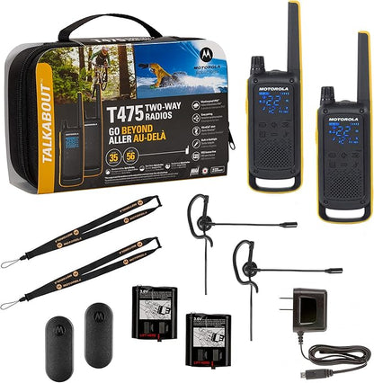 Motorola T470 Talkabout Two Way Radios, Long Range Emergency Rechargeable Waterproof Walkie Talkies 22 Channel, 35 Mile outdoor Black Yellow, 2 Pack