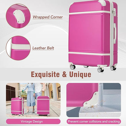 Merax Luggage Set, 3 Piece Luggage with Cosmetic Case, Vintage Hardcase Suitcase with Wheels, Expandable Luggage Airline Approved(Pink,20"+24"+28")