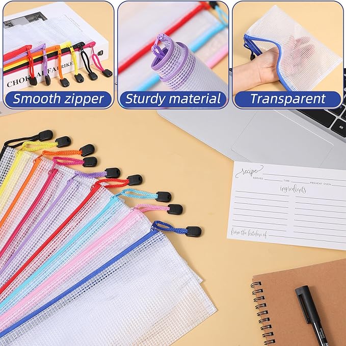 100 Pack Pencil Pouch Bulk Operation Christmas Mesh Zipper Storage Cases Gifts-A6 File Bag Clear Pencil Pouches Multipurpose Toiletry Cosmetics Bags for Office Bill Travel 9.5'' x 4.5''(10 Colors)