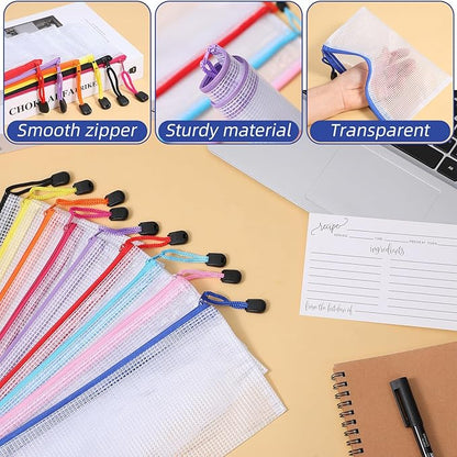 100 Pack Pencil Pouch Bulk Operation Christmas Mesh Zipper Storage Cases Gifts-A6 File Bag Clear Pencil Pouches Multipurpose Toiletry Cosmetics Bags for Office Bill Travel 9.5'' x 4.5''(10 Colors)