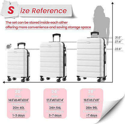 AnyZip Luggage Sets 3 Piece Hardshell Suitcase Set PC ABS Lightweight Travel Suitcases with 4 Double Spinner Wheels TSA Lock 20 24 28 Inch White