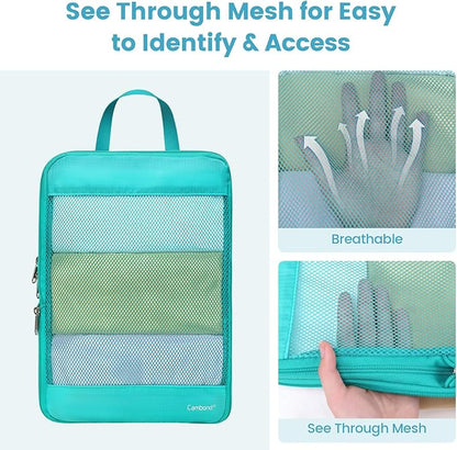 Cambond See Through Mesh Compression Packing Cubes for Travel Women - 4 Set Compression Cubes for Travel, Lightweight Expandable Packing Organizers for Luggage Suitcases, Tourist Landscape