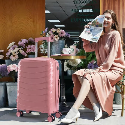 LARVENDER Luggage Sets 3 Piece, Hardside PP Carry On Luggage Suitcase with 360° Spinner Wheels Suitcase Sets for Women Men, Rose Gold