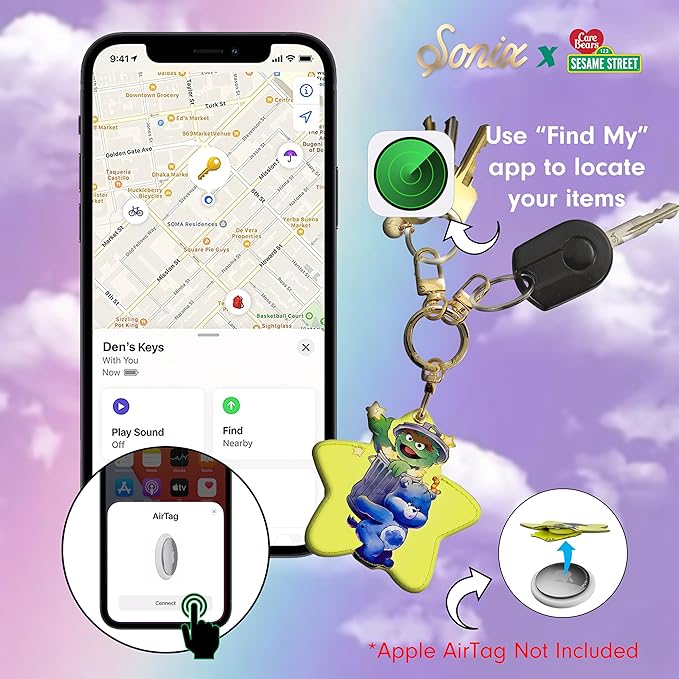 Sonix x Care Bears x Sesame Street Keychain Case Compatible with Apple AirTag | Protective AirTag Cover Keychain Charm | Green/Blue | Grumpy Bear & Oscar the Grouch