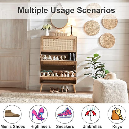 Rattan Shoe Cabinet with 3 Flip Drawers, 48 Pairs Narrow Shoe Storage Cabinet for Entryway Freestanding Hidden Shoe Rack, Modern Slim Wood Shoe Organizer for Hallway, Natural