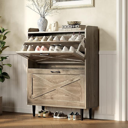 VINGLI Shoe Storage Cabinet for Entryway with 2 Flip Drawers, Ultra Slim Freestanding Entryway Shoe Organizer with Wood Tapered Legs,Hidden Closed Shoe Rack,31.6" W * 9.4" D * 39.4" H, Grey Oak