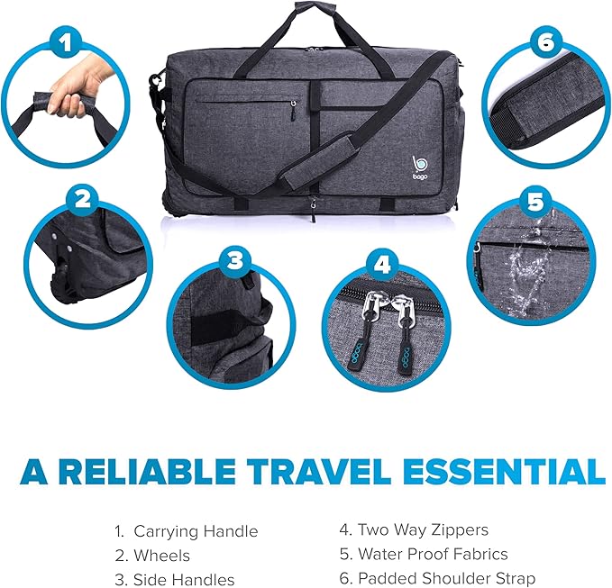 Bago Rolling Duffle Bag with Wheels - 27" 80L Foldable Weekender Bag, Waterproof Travel Duffel Bag, Heavy Duty Lightweight Duffle Bag for Traveling, Rolling Duffel Bag with Wheels (SnowBlack2023)