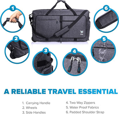 Bago Rolling Duffle Bag with Wheels - 27" 80L Foldable Weekender Bag, Waterproof Travel Duffel Bag, Heavy Duty Lightweight Duffle Bag for Traveling, Rolling Duffel Bag with Wheels (SnowBlack2023)