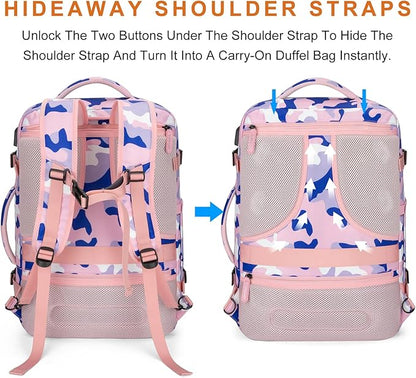 Lumesner Carry on Travel Backpacks, Extra Large 40L Flight Approved for Men & Women,Expandable Suitcase backpack (Camouflage Pink(Backpack With 4 Packing Cubes))