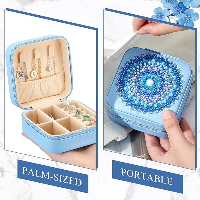 2 Pcs Portable Diamond Painting Jewelry Storage Box Mandala Diamond Art Accessories Blue PU Leather Jewelry Ring Organizer Case Travel Jewelry Organizer