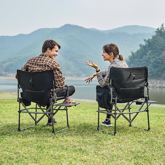 EVER ADVANCED Camping Directors' Chair with Side Table, Portable Folding with Compact Size, Heavy Duty Lawn Chair with Pocket for Camping, Lawn, Sports and Fishing, 400lbs, Black