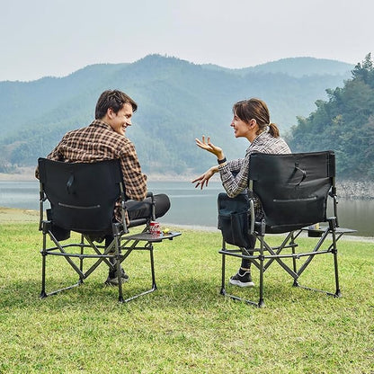 EVER ADVANCED Camping Directors' Chair with Side Table, Portable Folding with Compact Size, Heavy Duty Lawn Chair with Pocket for Camping, Lawn, Sports and Fishing, 400lbs, Black 2 Pack