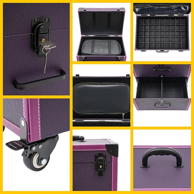 Rolling Makeup Case w/ 4 Keys, 3-tier Lockable Makeup Train Case w/ Drawers, Detachable Nail Polish Organizer, Wheeled Travel Cosmetic Case w/ 3-gear Telescopic Rod, 14.1*9*22.4in, Black Latch+Purple