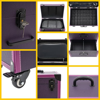 Rolling Makeup Case w/ 4 Keys, 3-tier Lockable Makeup Train Case w/ Drawers, Detachable Nail Polish Organizer, Wheeled Travel Cosmetic Case w/ 3-gear Telescopic Rod, 14.1*9*22.4in, Black Latch+Purple