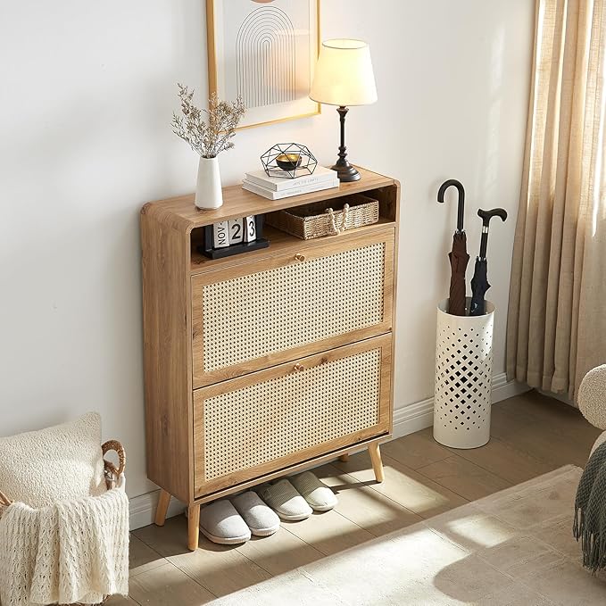 Rattan Shoe Cabinet with 2 Flip Drawers, 32 Pairs Narrow Shoe Storage Cabinet for Entryway Freestanding Hidden Shoe Rack, Modern Slim Wood Shoe Organizer for Hallway, Natural