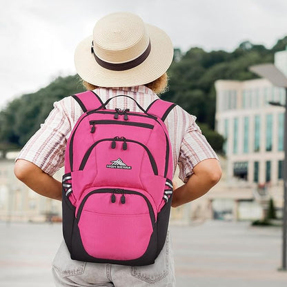 High Sierra Swoop Backpack, Lightweight Bookbag, Large Main Compartment + External Accessory Pockets, Separate Laptop Pocket, Dual Water Bottle Pockets, Fits most 17” Laptops, 30L Capacity, Flamingo
