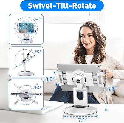 AboveTEK Retail Kiosk iPad Stand, 360° Rotating Commercial POS Tablet Stand, Fits 6"-13" (Screens) iPad mini Pro-Business Swivel Tablet Holder, for Store Office Reception Kitchen Desktop (White)