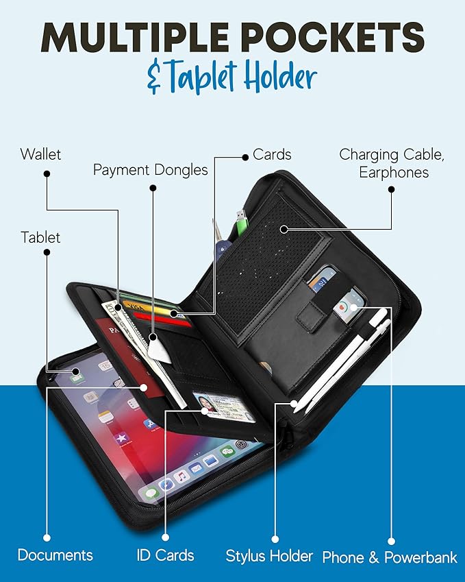 BizMate PRO Zippered Portfolio Organizer with 9-10.5" Conference Folder/Padfolio Tablet Holder, A5 Notebook | Multiple Pockets, Leather Finish, Eco-Mailer