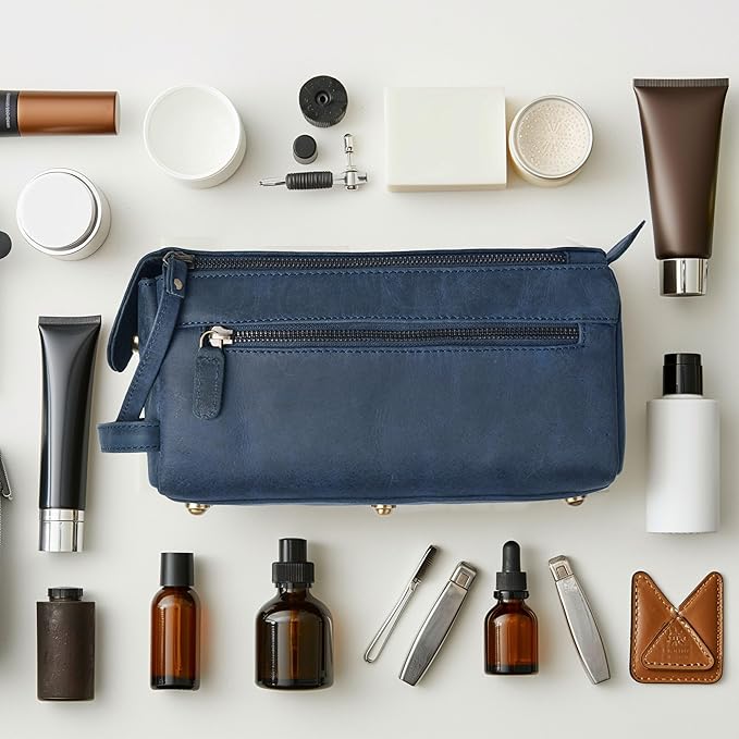 LEATHER VILLAGE Premium Leather Travel Toiletry Bag - Water-Resistant Dopp Kit for Toiletries, Large Shaving Bag & Bathroom Organizer - Gift for Men & Women - Royal Blue
