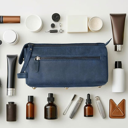 LEATHER VILLAGE Premium Leather Travel Toiletry Bag - Water-Resistant Dopp Kit for Toiletries, Large Shaving Bag & Bathroom Organizer - Gift for Men & Women - Royal Blue