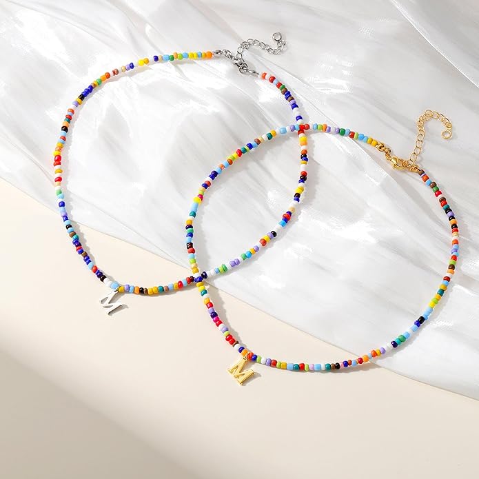 Yoosteel Christmas Gifts for Teen Girls Grandkids - Colorful Beaded Initial Necklace for Girls Jewelry A-Z Letter Choker Necklace Birthday Gifts Stocking Stuffers for Teenage Girl Women Gifts