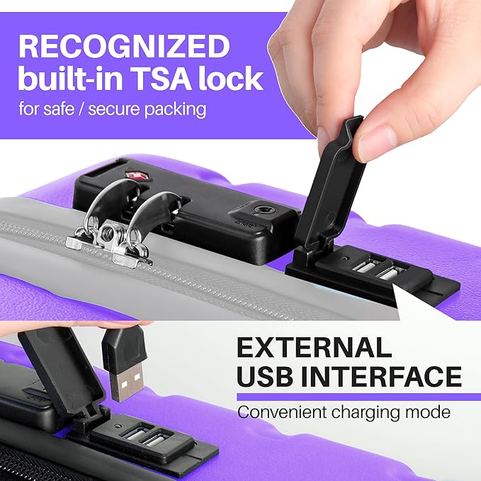AnyZip Carry On Luggage 21" Hardside PC ABS Lightweight USB Suitcase with Wheels TSA Lock for kids Violet Purple