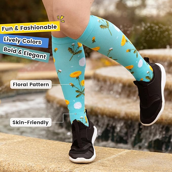 Floral Compression Socks for Women 20-30mmHg Knee High, Best for Ladies, Nurses, Pregnancy, Travel