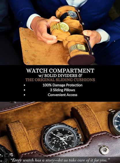 Watch Travel Case for Men Watch Roll for Travel Organizer and Display Watch Case - Swiss Espresso Vegan Leather Watch Case