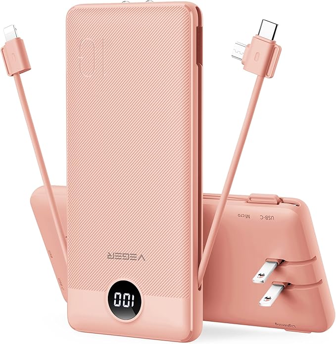 VEGER Portable Charger for iPhone Built in Cables and Wall Plug, 10000mah Slim Fast Charging USB C Power Bank, Travel Essential Battery Pack Compatible with iPhones, iPad, Samsung(Dark Pink)