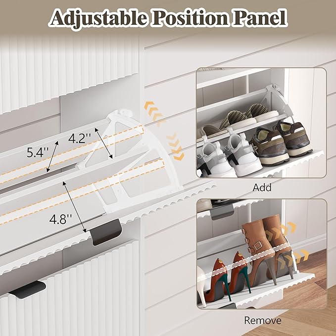 Shoe Cabinet Storage for Entryway with 4 Flip Drawers, Fluted Narrow Shoe Organizer with Wooden Legs & Top Cubby, Freestanding Slim Shoe Storage Hidden Shoe Rack for Front Door Entrance, White