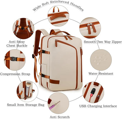 Travel Laptop Backpack for Men Women, Airline Approved Personal carry on Backpack with USB Charging Port,35L Large Water Resistant Durable anti theft Capacity Student Bag Fits 15.6 Inch Notebook,Cream